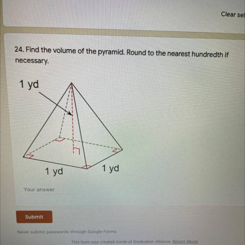 24. Find the volume of the pyramid. Round to the nearest hundredth if
necessary.
PLEASE HELP