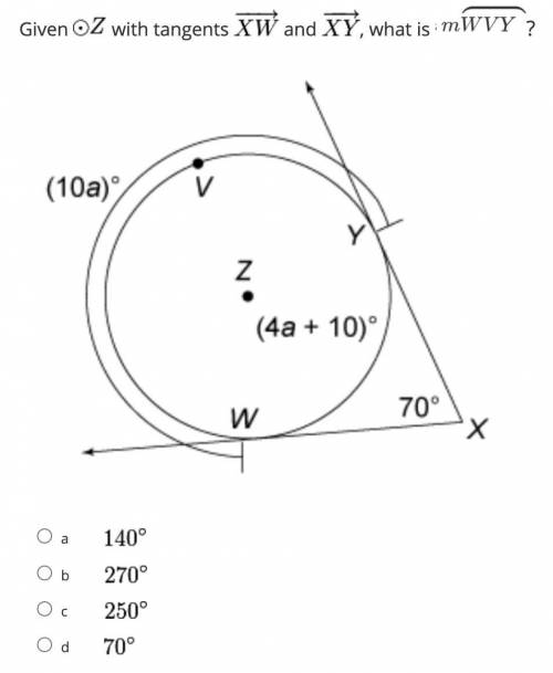 NO FILES!!!

HELP WHAT IS THE ANSWER Given Circle Z with tangents XW and XY what is the measure of