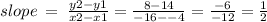 slope \:  =  \:  \frac{y2 - y1}{x2 - x1}  =  \frac{8 - 14}{ - 16 -  - 4}  =  \frac{ - 6}{ - 12}  =  \frac{1}{2}