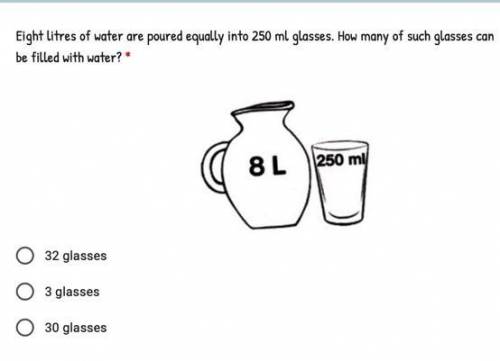 Eight litres of water are poured equally into 250 ml glasses. How many of such glasses can be fille