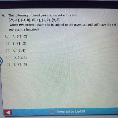 The following ordered pairs represent a function. (-2,-1) (-1,0), (0,1), (1,2), (2,3)
help quick