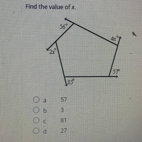 Find the value of X a,57
b,3
C,81
D,27