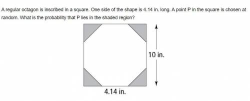 A regular octagon is inscribed in a square. One side of the shape is 4.14 in. long. A point P in th