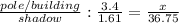\frac{pole/building}{shadow}:\frac{3.4}{1.61}=\frac{x}{36.75}