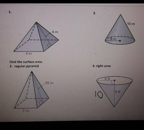 Find the surface area of the pyramid or cone below. pyramid: S.A. = 1/2 Lp + B Cone: S.A. = πr² + π