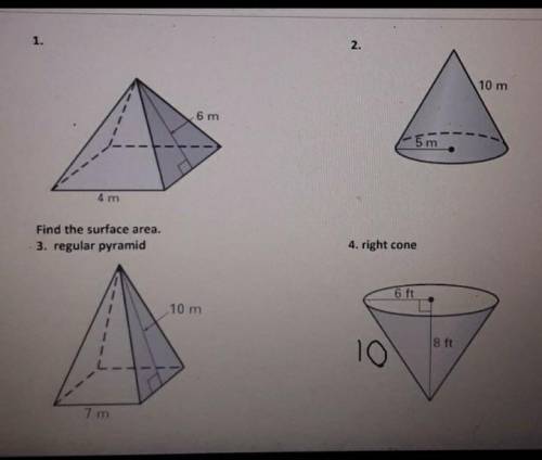 Find the surface area of the pyramid or cone below. pyramid: S.A. = 1/2 Lp + B Cone: S.A. = πr² + π