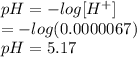 pH =  -  log[H {}^{ + } ] \\  =  -  log(0.0000067) \\  pH = 5.17