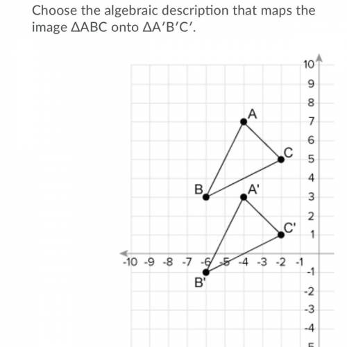 Geometry

Choose the algebraic description that maps the image ΔABC onto ΔA′B′C′.
A.(x,y) → (x + 4