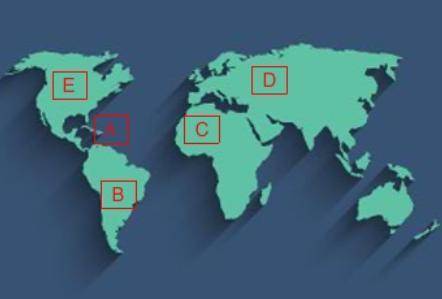 Five locations are marked on the world map. Which location is most prone to hurricanes? Five locati
