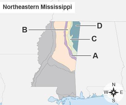 A map of Northeastern Mississippi. Eastern side inward is labeled D, C B, A.

Which soil region is