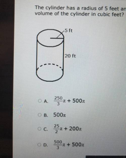 The cylinder has a radius of 5 feet and height of 20 feet. What is the volume of the cylinder in cu