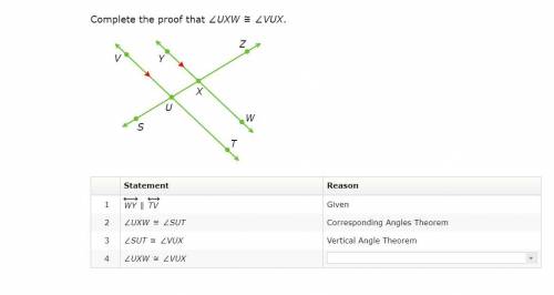 Complete the proof that ∠UXW≅∠VUX.