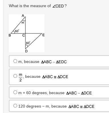 What is the measure of angle CED?

There are two triangles labeled ABC and DCE with a common verte