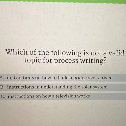 I’ll give
Which of the following is not a valid
topic for process writing?
A. instruction