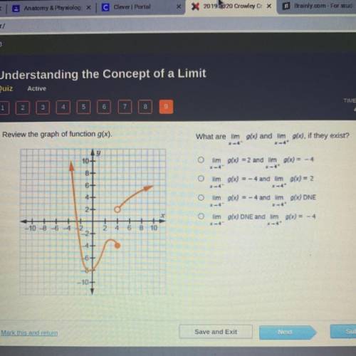 NEED HELP ASAP

Review the graph of function g(x).
What are lim g(x) and lim g(x), if they exist?