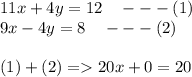 11x + 4 y = 12   \ \ \ ---( 1)\\9x -4y = 8 \ \ \  - - - (2)\\\\(1) + ( 2 ) = 20x + 0 = 20\\\\