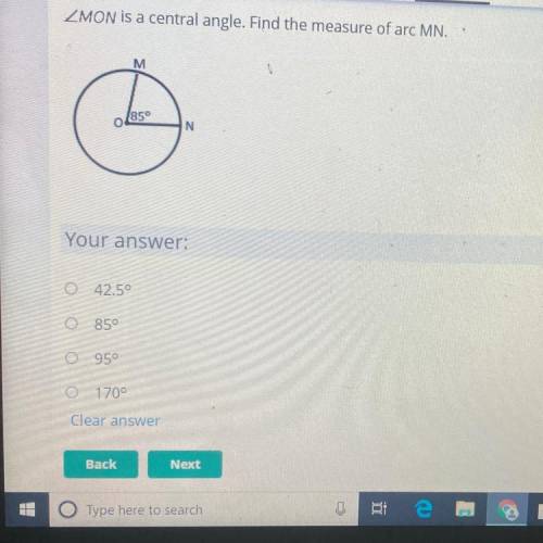 MON is a central angle. Find the measure of arc MN.