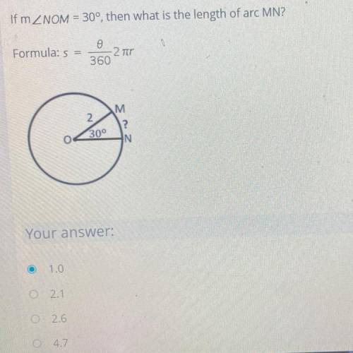 If m NOM = 30°, then what is the length of arc MN?