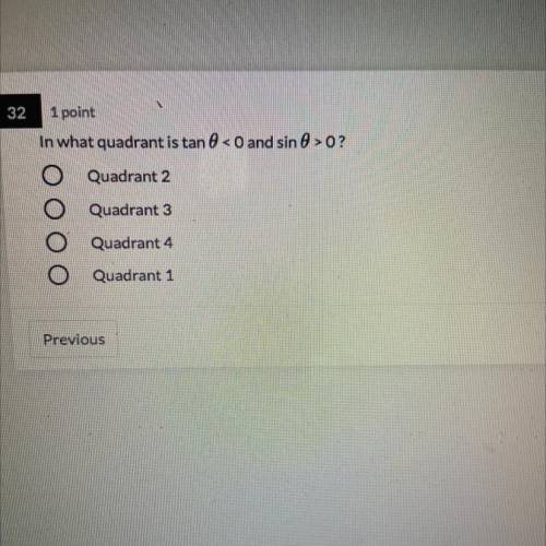 In what quadrant is tan <0 and sin 6 >0?

Quadrant 2
Quadrant 3
Quadrant 4
Quadrant 1