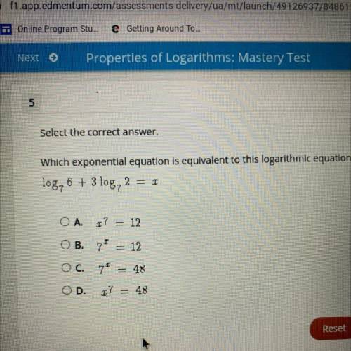 Which exponential equation is equivalent to this logarithmic equation?

2 = 1
log, 6 + 3 log, 2
Ο