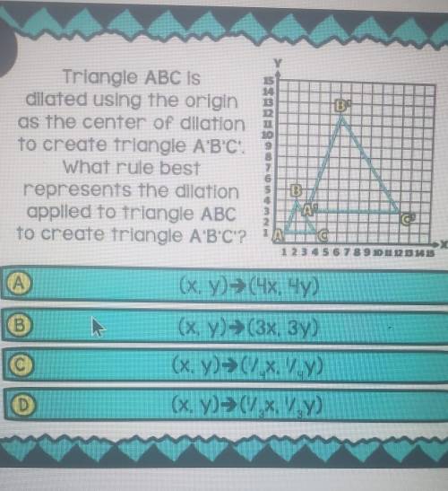 Triangle ABC IS dilated using the origin as the center of dllation to create triangle A'B'C'. What