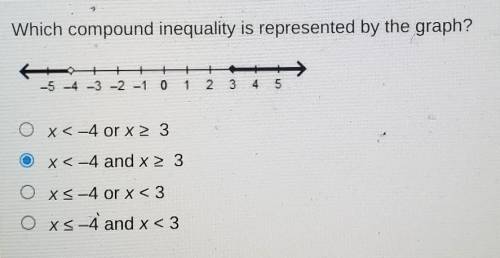 Which compound inequality is represented by the graph?

A. x < -4 or x ≥ 3B. x < -4 and x ≥