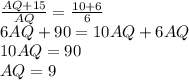\frac{AQ + 15}{AQ}  =  \frac{10 + 6}{6 }  \\ 6AQ + 90 = 10AQ + 6AQ \\ 10AQ = 90 \\ AQ = 9