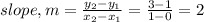 slope , m = \frac{y_2 - y_ 1}{x_2 - x_1} = \frac{3-1}{1-0} = 2