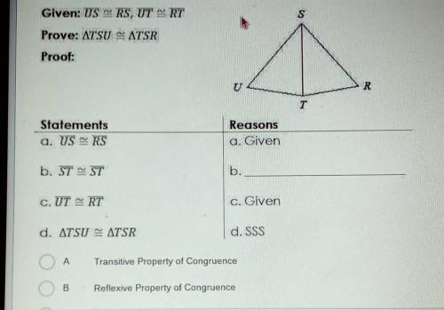 full in the reason for line b the last two answers are c <UTD congruent to <RTS and d is UT c