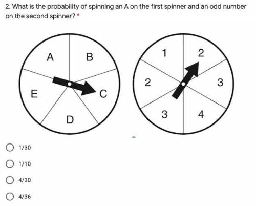 2. What is the probability of spinning an A on the first spinner and an odd number

on the second