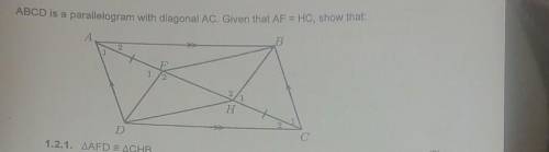 1.2.1 AFB is congruent to CHB1.2.2 DF // HB1.2.3 DFBH is a parallelogram ​