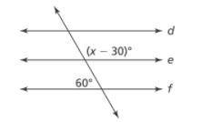 In the figure d, e, and f are parallel lines. What is the value of x?