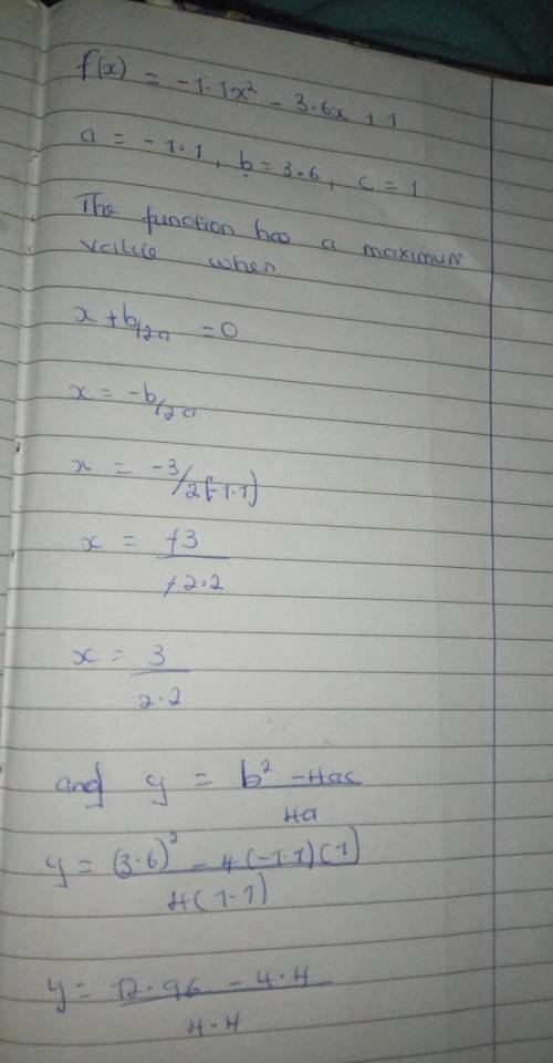 Can someone help please!!
find the maximum value of function f(x) = -1.1x^2 - 3.6x + 1