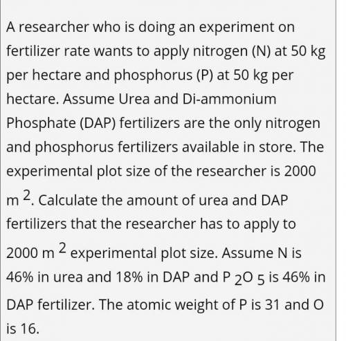 apply nitrogen(N) at 50kg per hectare and phosphorus(P) per hectare. assume urea and Di-ammonium ph