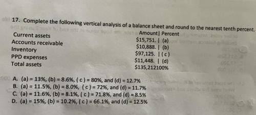 W 17. Complete the following vertical analysis of a balance sheet and round to the nearest tenth pe