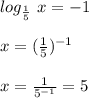 log_{\frac{1}{5}} \ x = -1\\\\x = (\frac{1}{5})^{-1}\\\\x = \frac{1}{5^{-1}} = 5