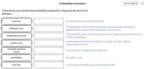 HELP PLS 
Probability in Genetics (Drag each key word to its definition.)