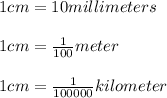 1cm = 10 millimeters \\\\1 cm = \frac{1}{100} meter\\\\1cm = \frac{1}{100000} kilometer\\\\