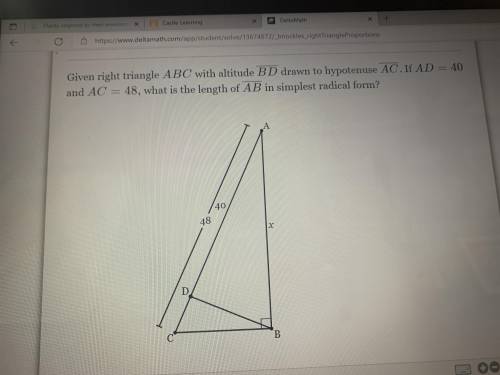 Given right triangle ABC with altitude BD drawn to hypotenuse AC. If AD=40 and AC=48, what is the l