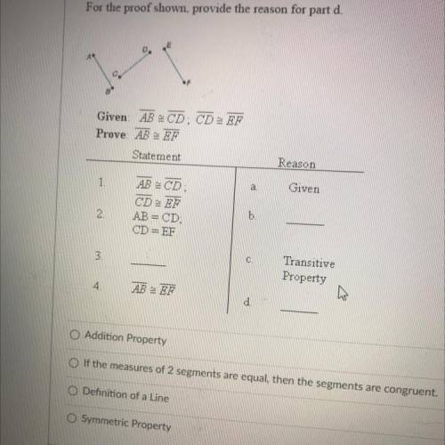 Help! 
For the proof shown provide the reason for part d