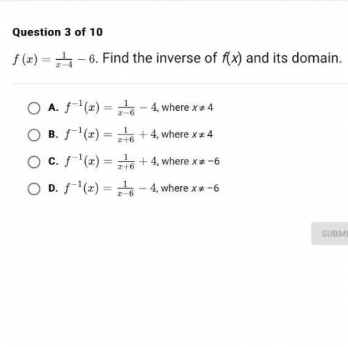 F(x)=1/x−4−6f(x)= x−41​ −6. Find the inverse of f(x) and its domain.
