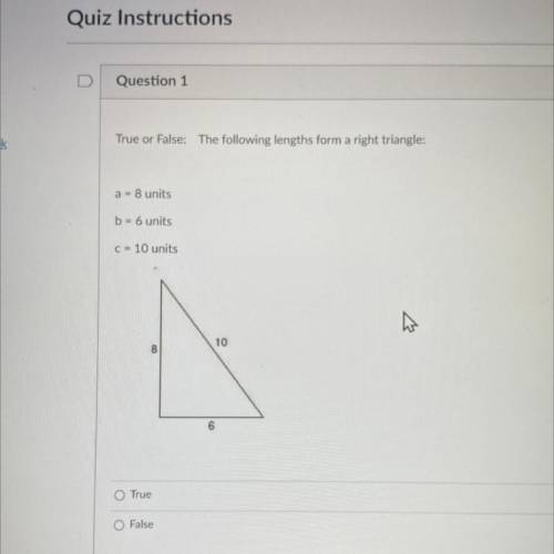 Can I plsss get some helpp

True or False: The following lengths form a right triangle:
a = 8 unit
