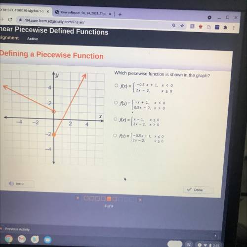 Which piecewise function is shown in the graph?

ty
O f(x) =
-0.5 x + 1, x < 0
2x - 2, x 20
4
2