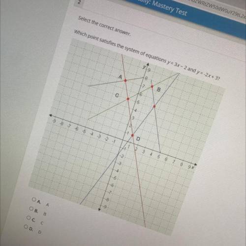 Which point satisfies the system of equations y= 3x - 2 and y=-2x + 3?

y19
8
A
17
7
B
B
6
0
5
3
D