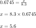 0.6745 = \frac{x}{8.3}\\\\x = 8.3 \times 0.6745\\\\x = 5.6