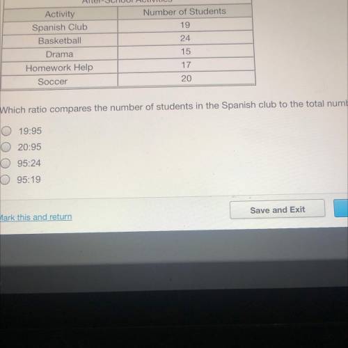 Which ratio compares the number of students in the Spanish club to the total number of students