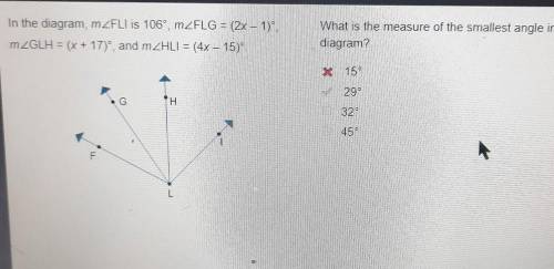 What is the measure of the smallest angle in the diagram?

x 15° ☆ 29° x 32°x 45°PLEASE ANSWER GOO
