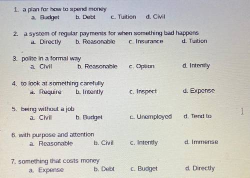 This are 7 different questions help me quickly please

1. a plan for how to spend money
a. Budget