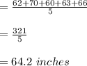 =\frac{62 + 70 + 60 + 63 + 66}{5}\\\\=\frac{321}{5}\\\\=64.2 \ inches