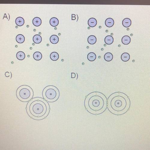 Which diagram(s) represents the bonding pattern of

metals?
O A and B
O C and D
O A
ос